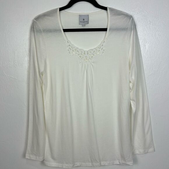 Yves Delorme Paris Cotton Blend Crochet Round Neck Loungewear Top Size L - Picture 1 of 7